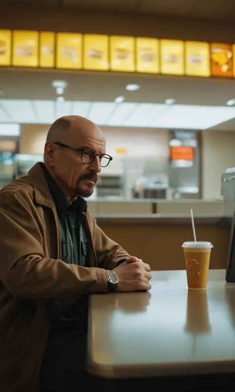 photography of a scene from breaking bad, walter white waiting waiting waiting waiting waiting on a big mac inside of McDonald’s, dream, unreal, 8k, gorgeous, hot, intricate, cinematic lighting, hyper detailed, best quality, ultra high res