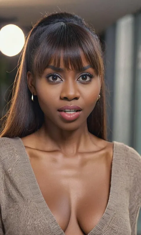 photo of 26 years african woman facing the camera, shot from waist up, (long brown hair and bangs:0.9), tooth gap, serious, (puffy sharp eyes:1.15), office background, background flashlight rises, dynamic pose, soothing skin, acai lipstick, (slighty open mouth:1.25), (shoulder view:1.2),
depth of field, highly detailed, gorgeous, film grain, grainy.
