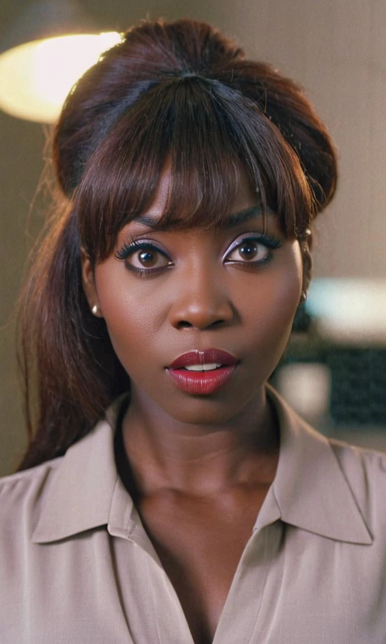photo of 26 years african woman facing the camera, shot from waist up, (long auburn hair and bangs:0.9), tooth gap, serious, (puffy sharp eyes:1.15), office background, background flashlight rises, dynamic pose, soothing skin, acai lipstick, (slighty open mouth:1.25), (shoulder view:1.2),
depth of field, highly detailed, gorgeous, film grain, grainy.