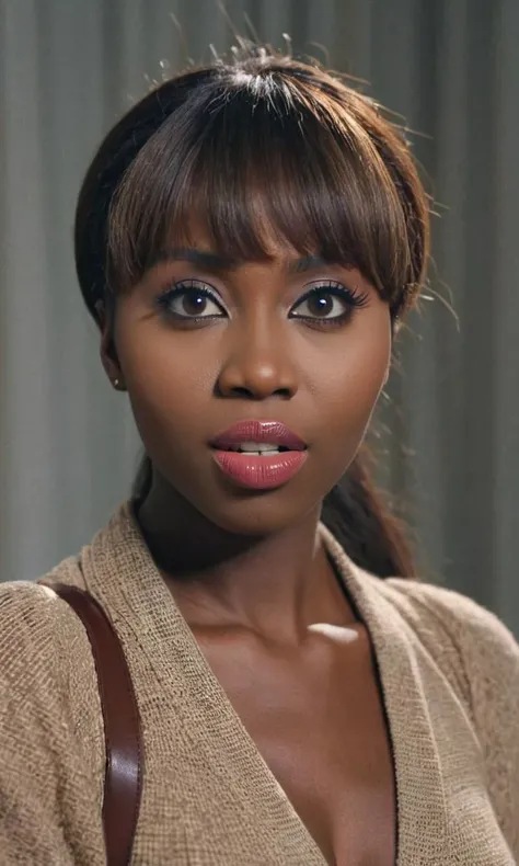 photo of 26 years african woman facing the camera, shot from waist up, (long brown hair and bangs:0.9), tooth gap, serious, (puffy sharp eyes:1.15), office background, background flashlight rises, dynamic pose, soothing skin, acai lipstick, (slighty open mouth:1.25), (shoulder view:1.2),

depth of field, highly detailed, gorgeous, film grain, grainy.