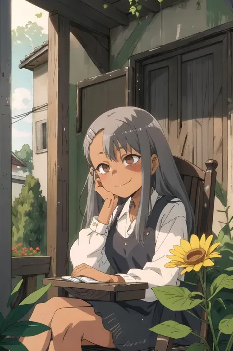 <lora:Nagatoro_Hayase:0.75>, 1girl, (solo), nagatoro hayase, hair ornament, brown eyes, hairclip, dark skin, masterpiece, best quality, old, older, graying hair, elder, black dress, very old, wrinkles, grandma, sitting, rocking chair, house, garden, flowers, smile, closed mouth, looking down, (gray hair), (AS-Elderly:1.4)