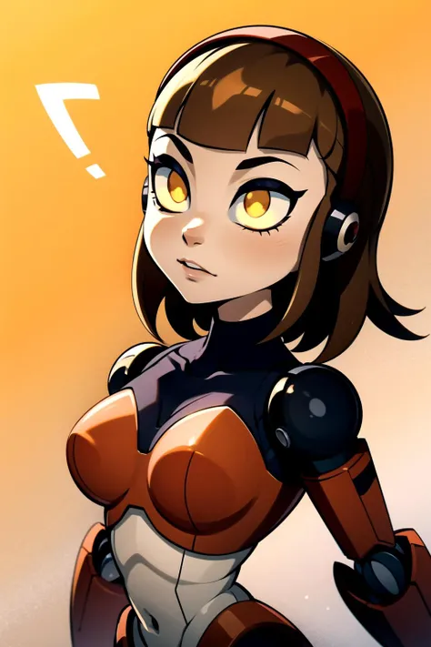 courtneygears, robotgirl, brown hair, orange eyes, hairband, yellow sclera <lora:CourtneyGearsLORAV2:0.7>