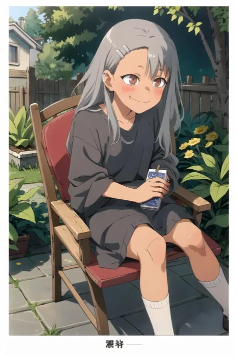 <lora:Nagatoro_Hayase:0.75>, 1girl, (solo), nagatoro hayase, hair ornament, brown eyes, hairclip, dark skin, masterpiece, best quality, old, older, graying hair, elder, black dress, very old, wrinkles, grandma, sitting, rocking chair, house, garden, flowers, smile, closed mouth, looking down, (gray hair), (AS-Elderly:1.4)