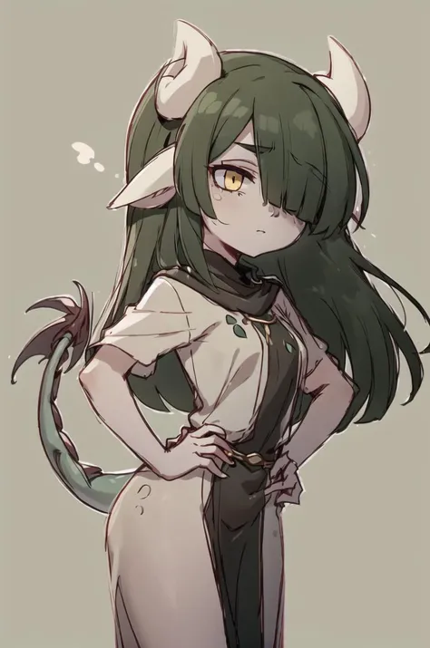<lora:Verimeen_Alternative:1>, 1girl, yellow eye, hair over one eye, masterpiece, best quality, (Verimeen), Green hair, long hair, green skin, dragon tail, animal ears, white horns, black tunic, long tunic, pelvic curtain, hands on hips, expressionless, looking away