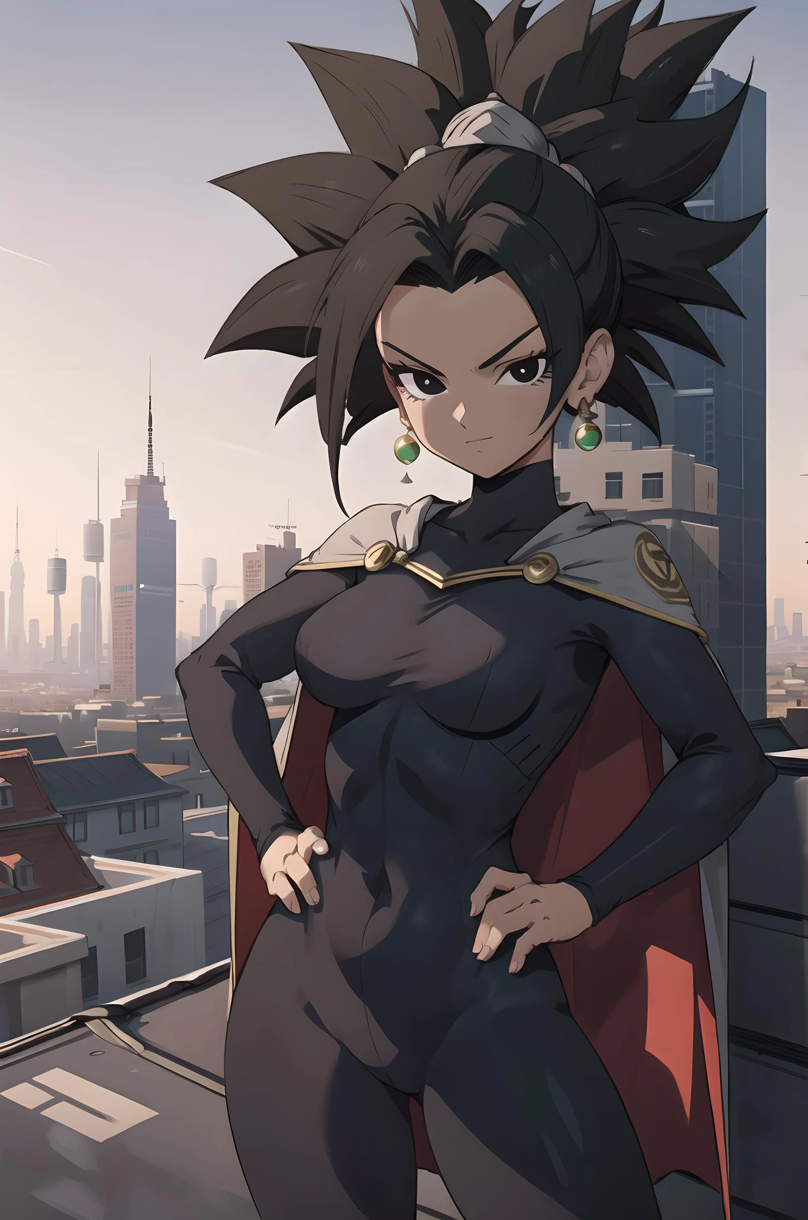 <lora:Kefla:0.7>, 1girl, solo, masterpiece, best quality, Kefla, (black hair), black eyes, toned, green earrings, black bodysuit, hero costume, white cape, hands on hips, smug, looking at viewer, city, night, standing on edge of rooftop, urban