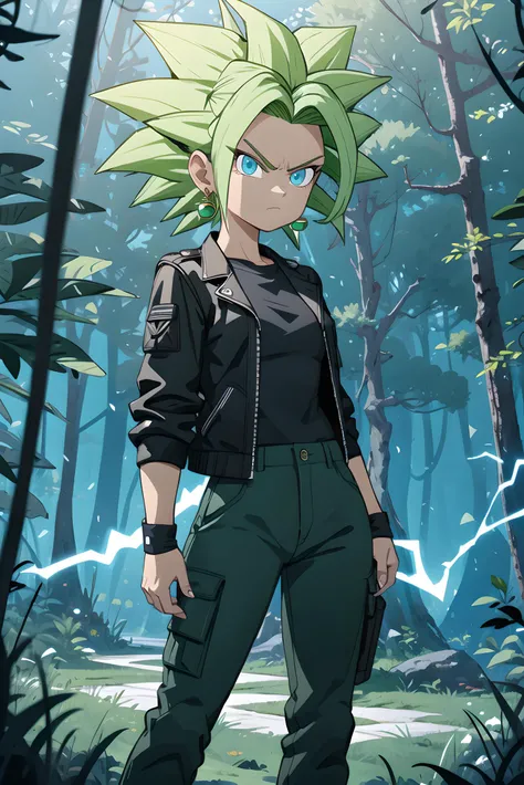 <lora:Kefla:0.7>, 1girl, solo, masterpiece, best quality, KeflaSS, green hair, blue eyes, muscular, green earrings, black shirt, black leather jacket, black cargo pants, forest, night, standing, facing viewer, electricity, electric aura, serious face, aura