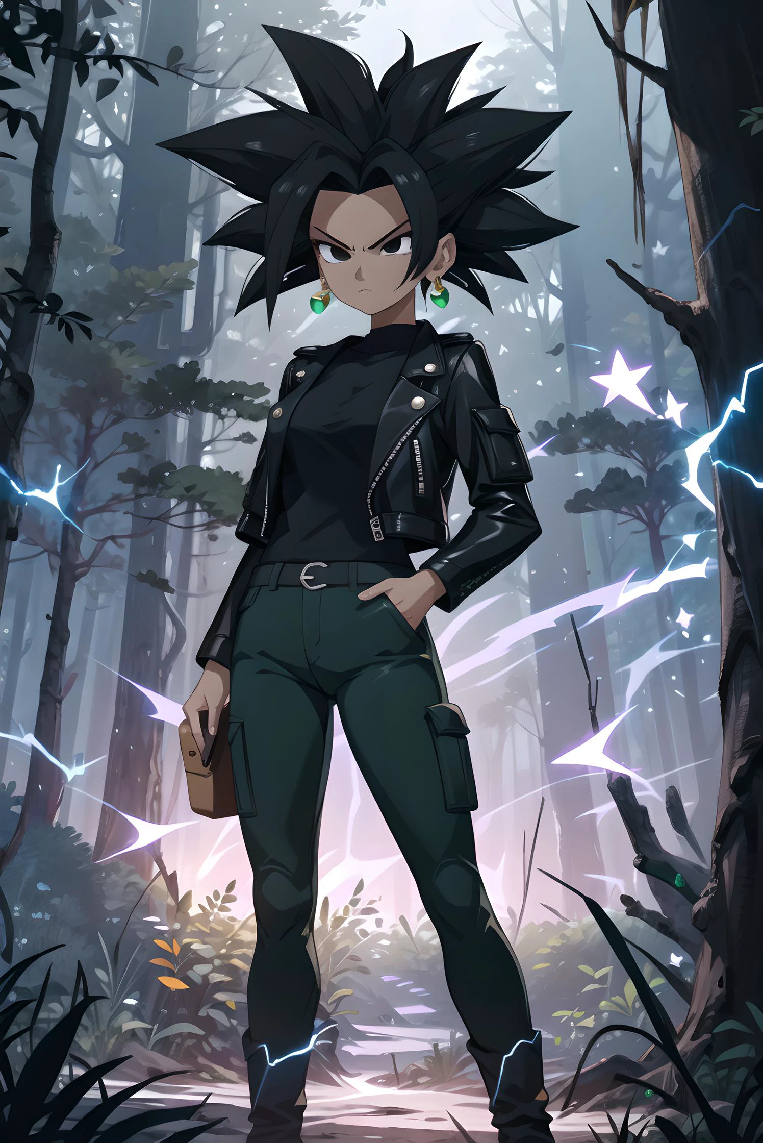 <lora:Kefla:0.7>, 1girl, solo, masterpiece, best quality, Kefla, (black hair), black eyes, toned, green earrings, black shirt, black leather jacket, black cargo pants, forest, night, standing, facing viewer, electricity, electric aura, serious face, aura