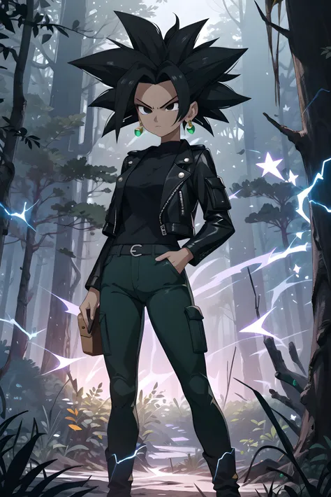 <lora:Kefla:0.7>, 1girl, solo, masterpiece, best quality, Kefla, (black hair), black eyes, toned, green earrings, black shirt, black leather jacket, black cargo pants, forest, night, standing, facing viewer, electricity, electric aura, serious face, aura