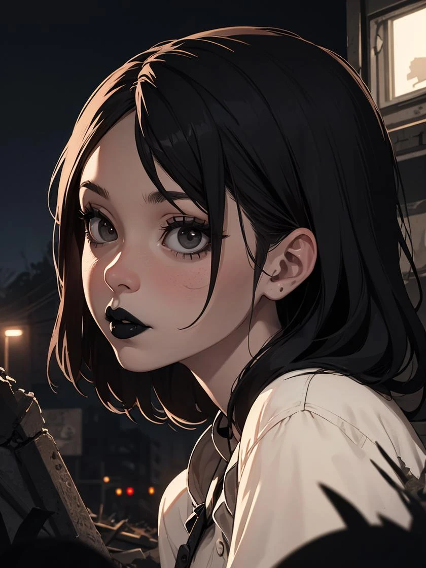 1girl, solo , photorealistic, (night:0.9), nature, night, ruins, post-apocalypse, portrait, black vibe, black lips,