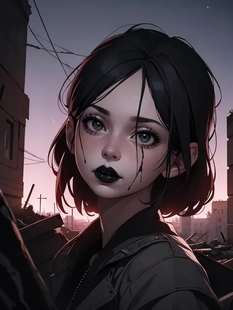 1girl, solo , photorealistic, (night:0.9), nature, night, ruins, post-apocalypse, portrait, black vibe, black lips,