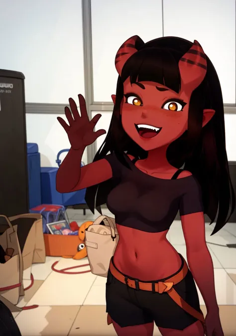 1girl,<lora:MeruSkudbutt:1> MeruSkudbutt,1girl,solo,breasts,looking at viewer,smile,open mouth,shirt,medium breasts,short sleeves,:d,cowboy shot,shorts,teeth,midriff,indoors,hand up,bag,crop top,fangs,black shorts,between breasts,waving,red horns,holding strap,strap between breasts,indoors,living room,standing,