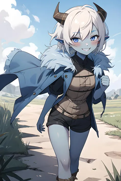 1girl, masterpiece, best quality, pointy ear, ((blue skin)), solo, white hair, horns, black long coat, short hair, spiky hair, black shirt, (black shorts), smile, looking at viewer, plains, walking, blushing, medieval fantasy, fur trim <lora:wakfu-osa:0.9>