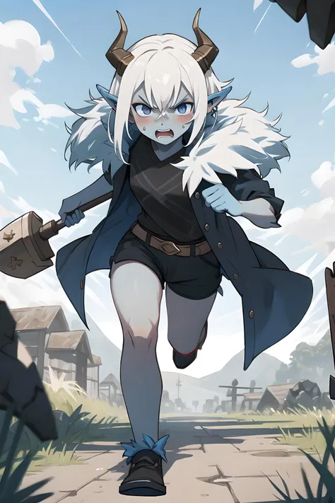 1girl, masterpiece, best quality, pointy ear, ((blue skin)), solo, white hair, horns, black long coat, short hair, spiky hair, black shirt, (black shorts), angry, (holding war hammer), running, plains, walking, blushing, medieval fantasy, fur trim <lora:wakfu-osa:0.9>