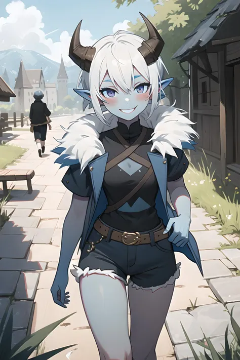 1girl, masterpiece, best quality, pointy ear, ((blue skin)), solo, white hair, horns, black long coat, short hair, spiky hair, black shirt, (black shorts), smile, looking at viewer, plains, walking, blushing, medieval fantasy, fur trim <lora:wakfu-osa:0.9>