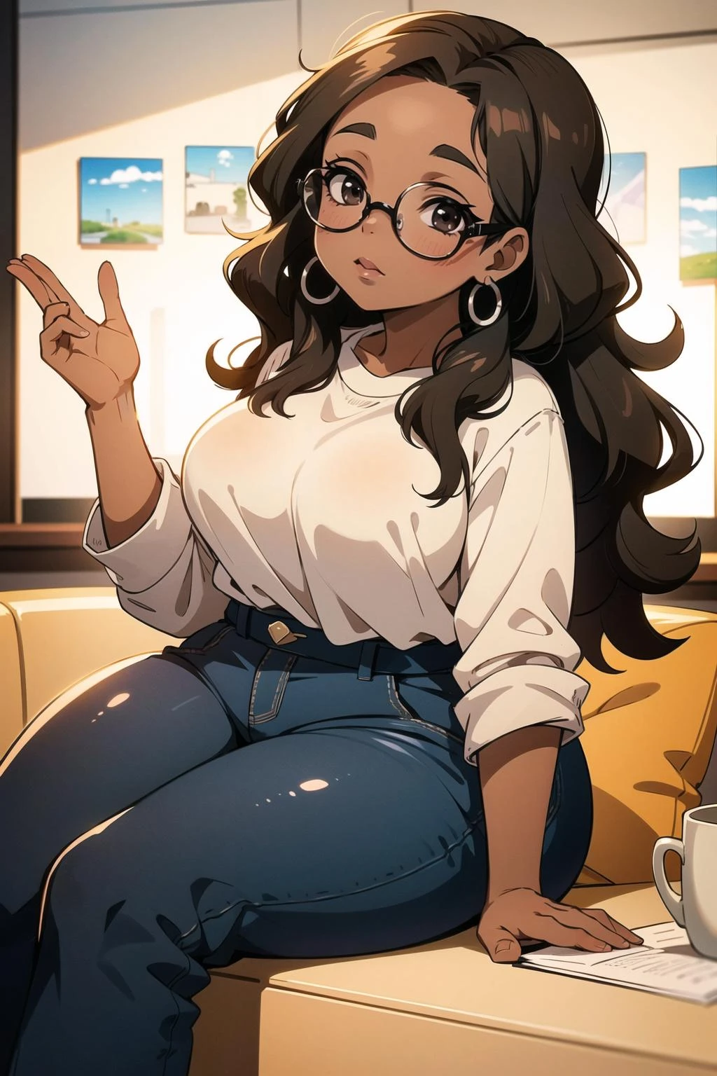 masterpiece, best quality, <lora:oprahwinfrey:1> oprahwinfrey, an overweight woman with glasses and long curly hair, sitting at a talk show