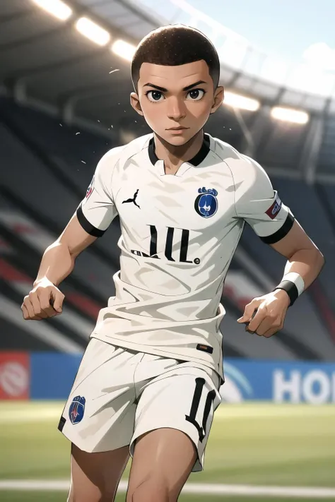 mbappe, a man playing soccer, black eyes, on a soccer field <lora:mbappe:1>
