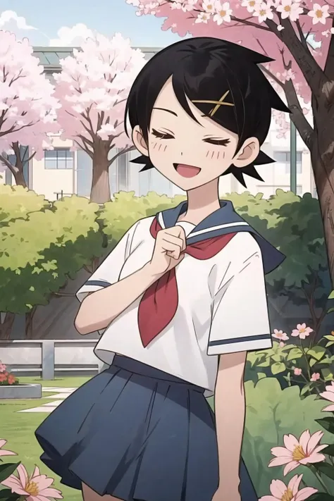 (masterpiece:1.2), ultra detailed, <lora:KafukaFuura:0.7>, KafukaFuura, school uniform, blue skirt, short sleeves, garden, sakura, big smile, closed eyes, open mouth, best quality, looking at the viewer