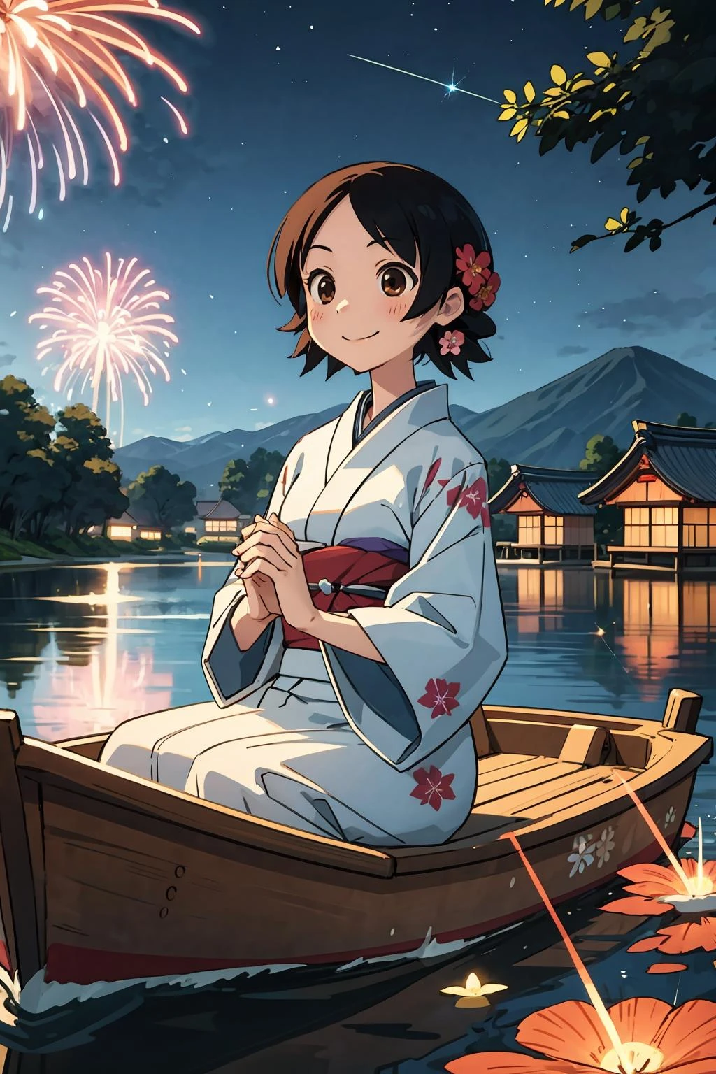 masterpiece, best quality, 1girl, solo, <lora:NamiHitou:0.7> NamiHitou, light smile, own hands together, japanese clothes, flower kimono, floating on a boat, on a lake, night, night sky, aerial fireworks, <lora:more_details:0.3>