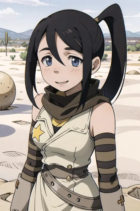 (masterpiece:1.2), tsubaki, ponytails, scarf, detached sleeves, dress, selfie, smile, desert, <lora:Tsubaki:1>
