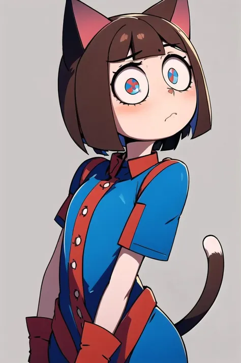 1girl, masterpiece, best quality, pomni, multicolored clothes, puffy short sleeves, gloves, buttons, colored skin, symbol-shaped pupils, red eyes, blue eyes <lora:pomni:1>, brown hair, short hair, ((cat ears)), looking at viewer, expressionless, simple background