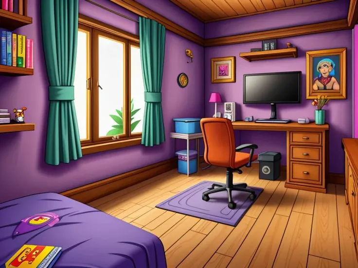 (lucasarts adventure games style), gamer girl's bedroom,