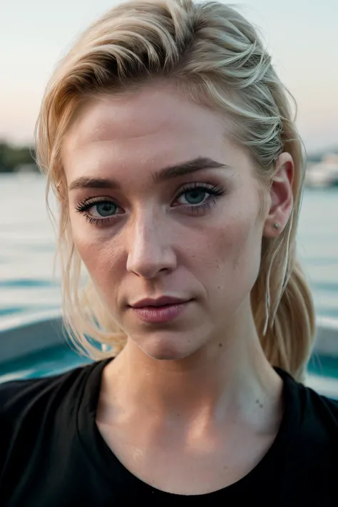 RAW, real photo portrait, leahVan1 , on a boat, (wearing a wet black t-shirt), pretty face, insanely detailed eyes, light blonde hair, high ponytail, bokeh, natural light, depth of field, golden hour, sharp focus