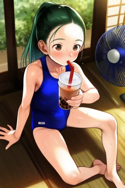 score_9, score_8_up, score_7_up, source_anime, rating_safe BREAK
1girl, ponytail, green hair, brown eyes, forehead, (sweating, sweat), drinking, boba tea, holding cup, drinking straw, (blue one-piece swimsuit), sitting, on floor, barefoot, from above, veranda, porch, summer, electric fan