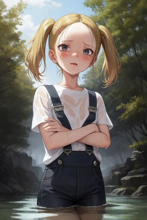 (masterpiece, best quality:1.2),
1girl, (:t:1.2), tearing up, black eyes, blonde hair, twintails, hairclip, forehead, flat chest
BREAK white t-shirt, pink overalls, crossed arms
BREAK (partially submerged:1.1), (wet, wet clothes, dripping), forest, river