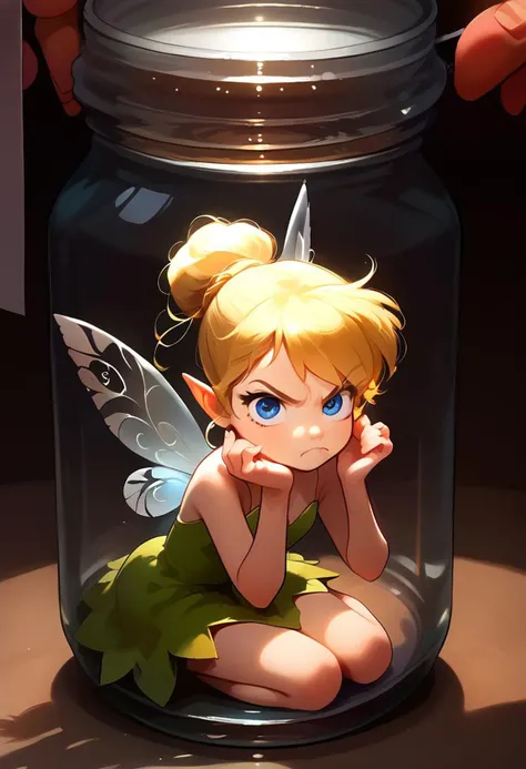 score_9, score_8_up, score_7_up, source_anime, (1girl, solo), looking at viewer,
(kneeling, in a jar, table, angry, close up,) (mini person),
TinkerWaifu, fairy wings, blue eyes, green dress, sexy, hair bun, trying to escape,