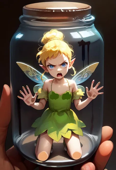 score_9, score_8_up, score_7_up, source_anime, (1girl, solo), looking at viewer,
(standing, against glass, in a jar, table, angry, open mouth, close up,) (mini person),
TinkerWaifu, fairy wings, blue eyes, green dress, sexy, hair bun, kneeling,