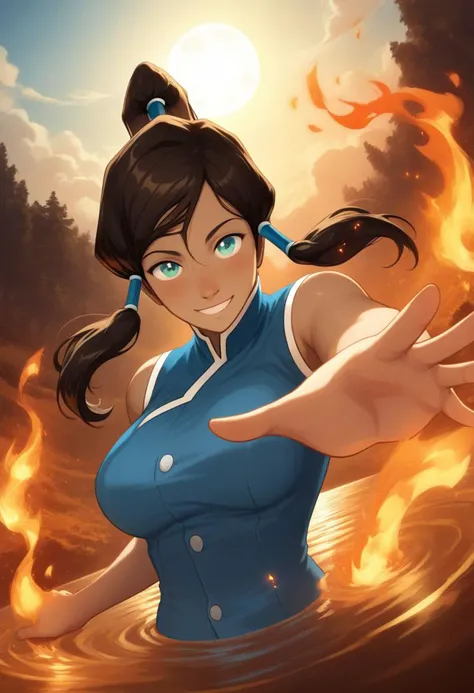 score_9, score_8_up, score_7_up, Korra, plains background, elements background, 1girl, (large breasts), open forest background, (elements fire, air, water, earth) (clothed) (cyan eyes), (light dark skin), shiny skin, dark brown hair, ponytail hair, twin spool hair, textured skin, smiling, masterpiece, plump hip, curvy body, (indirect lighting, light bloom, volumetric lighting, subsurface scattering:1.2), (detailed image, high resolution, 5k resolution:1.0), (detailed anime art style:1.4) Deep Depth Of Field, Sharp Focus, <lora:princess_xl_v2:0.4>, <lora:Concept Art Eclipse Style LoRA_Pony XL v6:0.8> concept art, realistic, perspective angle, dutch angle,