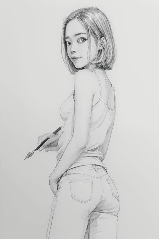 ((((Character Sketch XCYP)))),
((Character Sketch XCYP), (Black and White Pen and Ink Drawing: 1.3), High Abstract, Minimalist Style, Thick Lines, Smooth Lines, Clean, Perfect Composition, High Contrast, Strong Black and White Contrast,
cute hip,from behind,white tank top, denim hot pants
jbfg,blond straight short hair,
blond eyes,round face,
NSFW,
1girl,reflection,small body,
bimbo , seductive face,seductively, shiny skin, blush, detailed background, long legs, shiny skin, cute face, beautiful face, detailed face, detailed eyes,
short hair,round face,big eye,
cute girl,perfect body,flat perky tits,shy smile,perfect face,detailed background,extremely detailed cg unity 8k wallpaper,masterpiece, best quality, ultra high res,