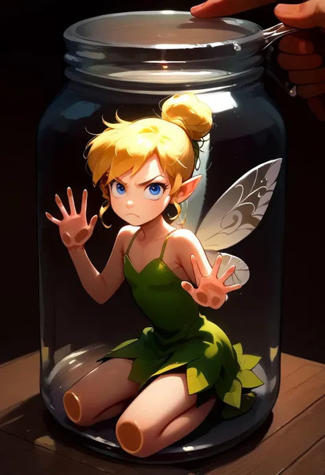 score_9, score_8_up, score_7_up, source_anime, (1girl, solo), looking at viewer,
(kneeling, in a jar, table, angry, close up,) (mini person),
TinkerWaifu, fairy wings, blue eyes, green dress, sexy, hair bun, spit on glass,