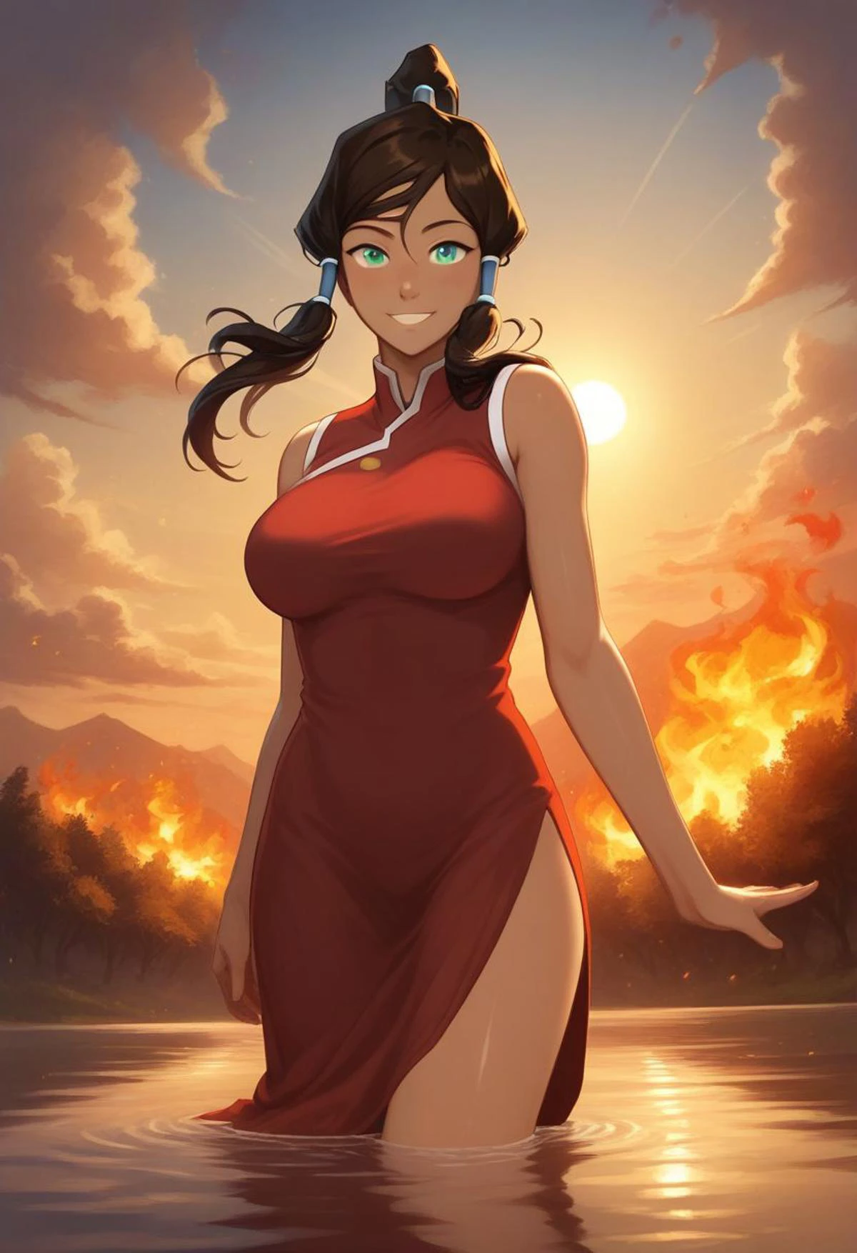 score_9, score_8_up, score_7_up, Korra, plains background, elements background, 1girl, (large breasts), open forest background, (elements fire, air, water, earth) (clothed) (cyan eyes), (light dark skin), shiny skin, dark brown hair, ponytail hair, twin spool hair, textured skin, smiling, masterpiece, plump hip, curvy body, (indirect lighting, light bloom, volumetric lighting, subsurface scattering:1.2), (detailed image, high resolution, 5k resolution:1.0), (detailed anime art style:1.4) Deep Depth Of Field, Sharp Focus, <lora:princess_xl_v2:0.4>, <lora:Concept Art Eclipse Style LoRA_Pony XL v6:0.8> concept art, realistic, perspective angle, dutch angle,