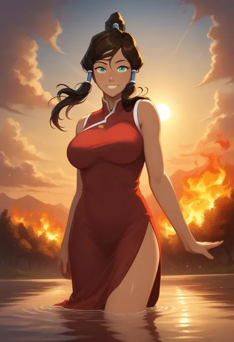 score_9, score_8_up, score_7_up, Korra, plains background, elements background, 1girl, (large breasts), open forest background, (elements fire, air, water, earth) (clothed) (cyan eyes), (light dark skin), shiny skin, dark brown hair, ponytail hair, twin spool hair, textured skin, smiling, masterpiece, plump hip, curvy body, (indirect lighting, light bloom, volumetric lighting, subsurface scattering:1.2), (detailed image, high resolution, 5k resolution:1.0), (detailed anime art style:1.4) Deep Depth Of Field, Sharp Focus, <lora:princess_xl_v2:0.4>, <lora:Concept Art Eclipse Style LoRA_Pony XL v6:0.8> concept art, realistic, perspective angle, dutch angle,