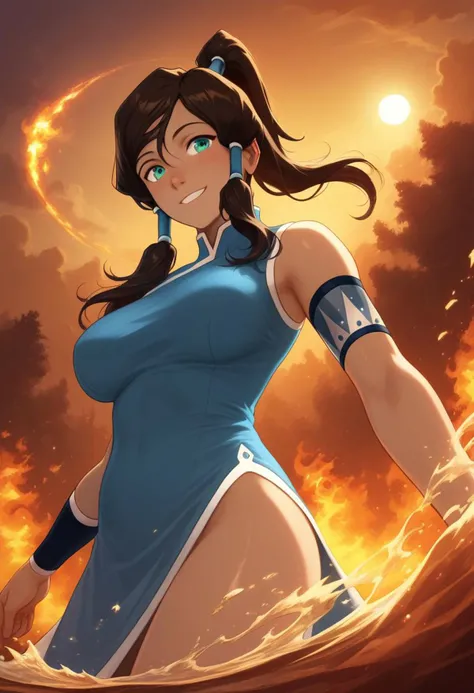 score_9, score_8_up, score_7_up, Korra, plains background, elements background, 1girl, (large breasts), open forest background, (elements fire, air, water, earth) (clothed) (cyan eyes), (light dark skin), shiny skin, dark brown hair, ponytail hair, twin spool hair, textured skin, smiling, masterpiece, plump hip, curvy body, (indirect lighting, light bloom, volumetric lighting, subsurface scattering:1.2), (detailed image, high resolution, 5k resolution:1.0), (detailed anime art style:1.4) Deep Depth Of Field, Sharp Focus, <lora:princess_xl_v2:0.4>, <lora:Concept Art Eclipse Style LoRA_Pony XL v6:0.8> concept art, realistic, perspective angle, dutch angle,