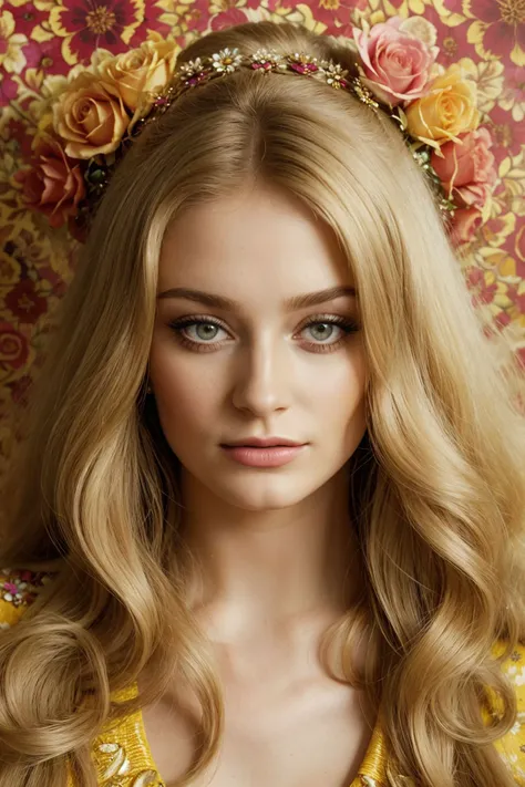 stunning natural 1970s flower power professional  analog portrait, (sfw:1.2) blonde [1girl:Sophie_Turner:0.0], detailed realistic skin as a lanky fashion model, 1970s flower power editorial style photo, (editorial gaudy theme with an gaudy styling, 1970s flower power gaudy hairstyle and gaudy fashion and gaudy accessories), editorial photography, indoors in a 1970s flower power photostudio with a gaudy wallpaper background and gaudy decoration, melodramatic dominant pose, trendy portraiture, advertisement style, professional high budget photo, bokeh, 1970s flower power photo, epic character composition, sharp focus, subsurface scattering, f2, 35mm, film grain