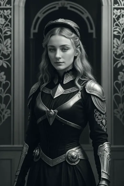 gorgeous intricate 1900s art nouveau era black&white silent-film-still, (sfw:1.2) blonde [1girl:Sophie_Turner:0.0], detailed realistic skin as a posh theatre actor, 1900s art nouveau era full plate armor with helmet, 1900s art nouveau era militaristic scene, propaganda, heroic patriotism, bold and resolute, looking at the viewer, (from below:0.8), lovely garden, lush flowers, paneling, patina, teal, night, city lights in the background, black&white silent-film-still, metropolis--style, robotic, blinkenlights, 1900s art nouveau era photo, epic character composition, sharp focus, subsurface scattering, f2, 35mm, film grain