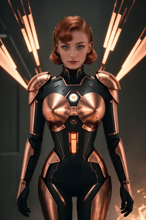 gorgeous natural 1950s retro sci-fi black&white silent-film-still, (sfw:1.2) blonde [1girl:Sophie_Turner:0.0], detailed realistic skin as a serious nurse, copper cybernetic battle angel suit, (copper cybernetic eyes:1.4), copper cybernetic headgear, copper heavy body armor, copper gauntlets, copper shoulder armor, copper leg armor, copper cybernetic parts built into the body, weird fariy tale carnival, bonfire, night, kitsch, creepypasta, black&white silent-film-still, metropolis--style, robotic, blinkenlights, 1950s retro sci-fi photo, epic character composition, sharp focus, subsurface scattering, f2, 35mm, film grain