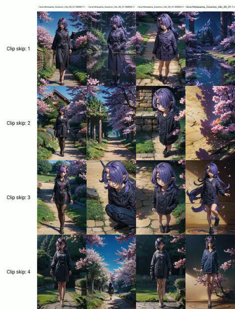 (masterpiece, best quality:1.2), highres, best illustration, 8k wallpaper, (Traditional Media), (2d:1.2), wide shot, (dynamic angle:1.1), , outline, ((thick lineart)), cover, stylish, official art, (details:1.2), (fantasy), garden, (bloom:1.1), glow:0.2, shadow, nature, cherry blossoms, particles, (depth of field), sharp focus, (volumetric lighting), (bokeh:0.6), film grain:0.4, day, (soft lighting:1.1), innkki, oni, oni horns, pointy ears, purple hair, hair over one eye, single horn, purple eyes, long hair, one eye covered, looking at viewer, full body, <lora:Himesama_Goumon_Inki_00_01-000001:1>