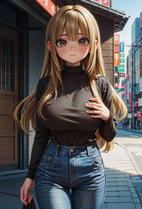 (masterpiece:1.4), (best quality), (detailed), (8k), absurdres, (1girl, solo, looking at viewer, cowboy shot), (sidewalk:1.4, tokyo \(city\)), <lora:Rizdraws [MockAi - v2.0]:0.65>, rizdraws, thick lineart, film grain, semi-traditional artstyle, <lora:ochiai_v3-07:0.6>, ochiai, long hair, bangs, blonde hair, brown hair, multicolored hair, brown eyes, (@_@, nervous):1.3, huge breasts, jeans, black sweater:1.4, long sleeves, shirt tucked in