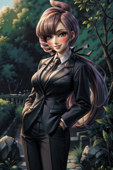 (masterpiece, best quality, ultra detailed), (detailed background, complex background:1.2), (perfect face, detailed face), full-face blush, (milf, mature female:1.4), happy, smile, parted lips, 
<lora:anabel:1> anabel, shirt, long hair, ponytail, long sleeves, ribbon, hair ribbon, jacket, white shirt, black gloves, necktie, pants, black jacket, black ribbon, black necktie, collared shirt, black pants, formal
(outdoors, garden, standing, hands in pockets)