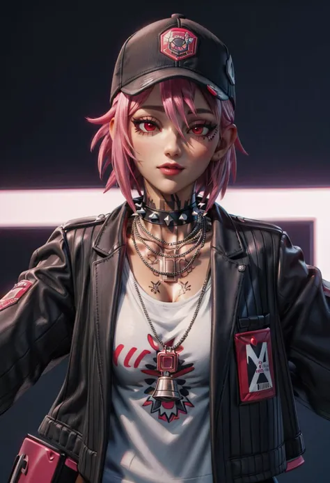 <lora:Dusty:0.5>, xyzdusty, (realistic:1.5), 1girl, looking_at_viewer, short_hair, shirt, red_eyes, hat, jewelry, jacket, upper_body, pink_hair, choker, necklace, collar, black_jacket, tattoo, baseball_cap, spikes, spiked_collar