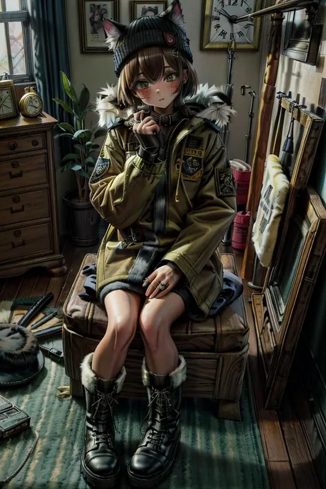 masterpiece, best quality, highres, nadegata, 1girl, animal ears, animal hat, beanie, black footwear, blush, boots, brown hair, cat hat, clock, coat, fur-trimmed boots, fur-trimmed coat, fur-trimmed hood, fur-trimmed jacket, fur-trimmed sleeves, fur coat, fur collar, fur trim, green coat, hat, indoors, jacket, jewelry, knee boots, long sleeves, looking at viewer, ring, short hair, sign, sitting, solo, messy room, clutter, wires everywhere, <lora:nadev1:0.6>  <lora:detail_slider_v4:1>