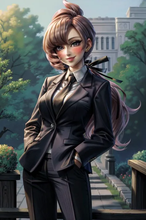 (masterpiece, best quality, ultra detailed), (detailed background, complex background:1.2), (perfect face, detailed face), full-face blush, (milf, mature female:1.4), happy, smile, parted lips,
<lora:anabel:1> anabel, shirt, long hair, ponytail, long sleeves, ribbon, hair ribbon, jacket, white shirt, black gloves, necktie, pants, black jacket, black ribbon, black necktie, collared shirt, black pants, formal
(outdoors, garden, standing, hands in pockets)
