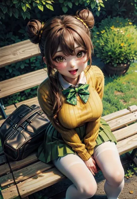 masterpiece, best quality, <lora:fujinokinene-nvwls-v1-000009:0.9> fujinoki nene, brown hair, double buns, green bowtie, yellow sweater, green skirt, white pantyhose, large breasts, sitting, from above, bench, park, looking at viewer, :D