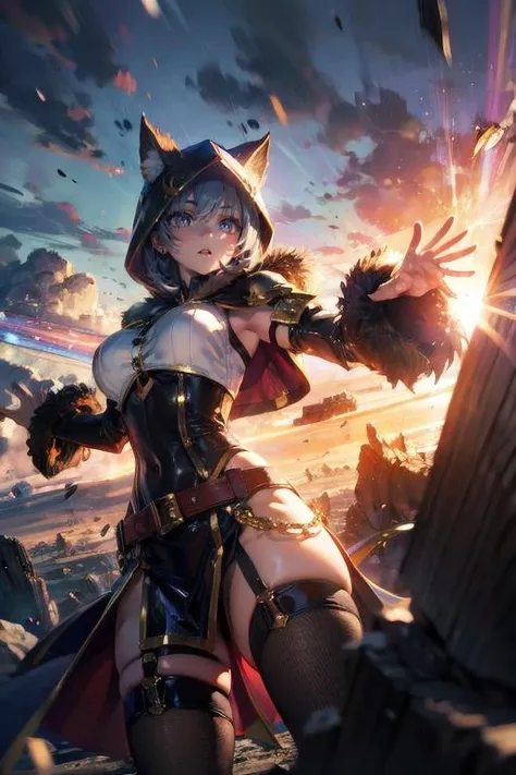 (masterpiece), best quality, expressive eyes, perfect face,1girl,final fantasy xiv,miqo'te,gunner,pistol,(heterochormia,yellow eye,blue eye:1.1),(black steampunk dress:1.2),frilled skirt,armored gloves, armored greaves,big breasts,(multicolored hair,black hair,turquiose hair:1.3),long straight hair,[[meadow,night,full moon,starry sky]],cowboy shot,standing,sexy pose,confident smile,steampunk style,action pose