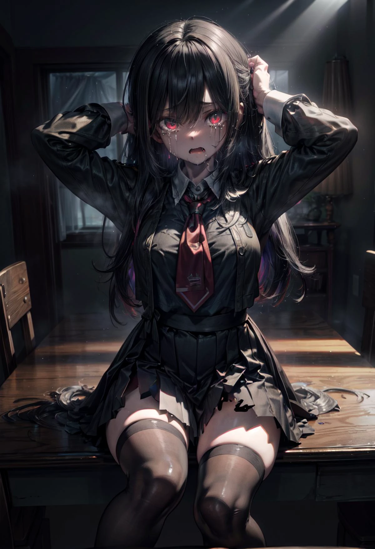 (volumetric lighting, Highres), (Detailed Illustration), Ultra-Detailed, 8k, nsfw, (masterpiece, best quality), 1girl, solo,sitting on a desk, beautiful face, long hair, torn clothes, torn legwear, dark school uniform, black thighhighs, moldy room, scared,crying, terrified face, itricate details, tied arms behind head, dark atmosphere, danger, <lora:add_detail:.8> <lora:hairdetailer:0.6>