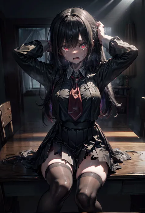 (volumetric lighting, Highres), (Detailed Illustration), Ultra-Detailed, 8k, nsfw, (masterpiece, best quality), 1girl, solo,sitting on a desk, beautiful face, long hair, torn clothes, torn legwear, dark school uniform, black thighhighs, moldy room, scared,crying, terrified face, itricate details, tied arms behind head, dark atmosphere, danger, <lora:add_detail:.8> <lora:hairdetailer:0.6>