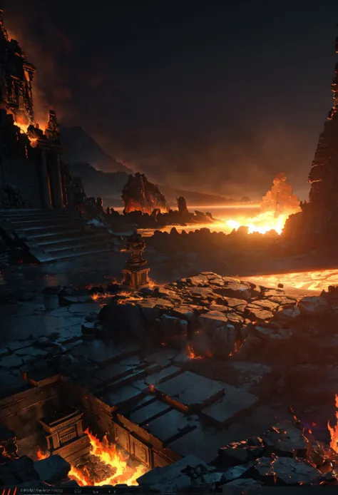 (volumetric lighting, Highres),Scene concept, lava field, 3D rendering, super clear details, masterpiece, high quality, fire, landscape, chain, interior, statue, staircase, standing, from behind, pillars, buildings, ancient ruins, splattered magma<lora:ç岩ä¹å°:0.8>